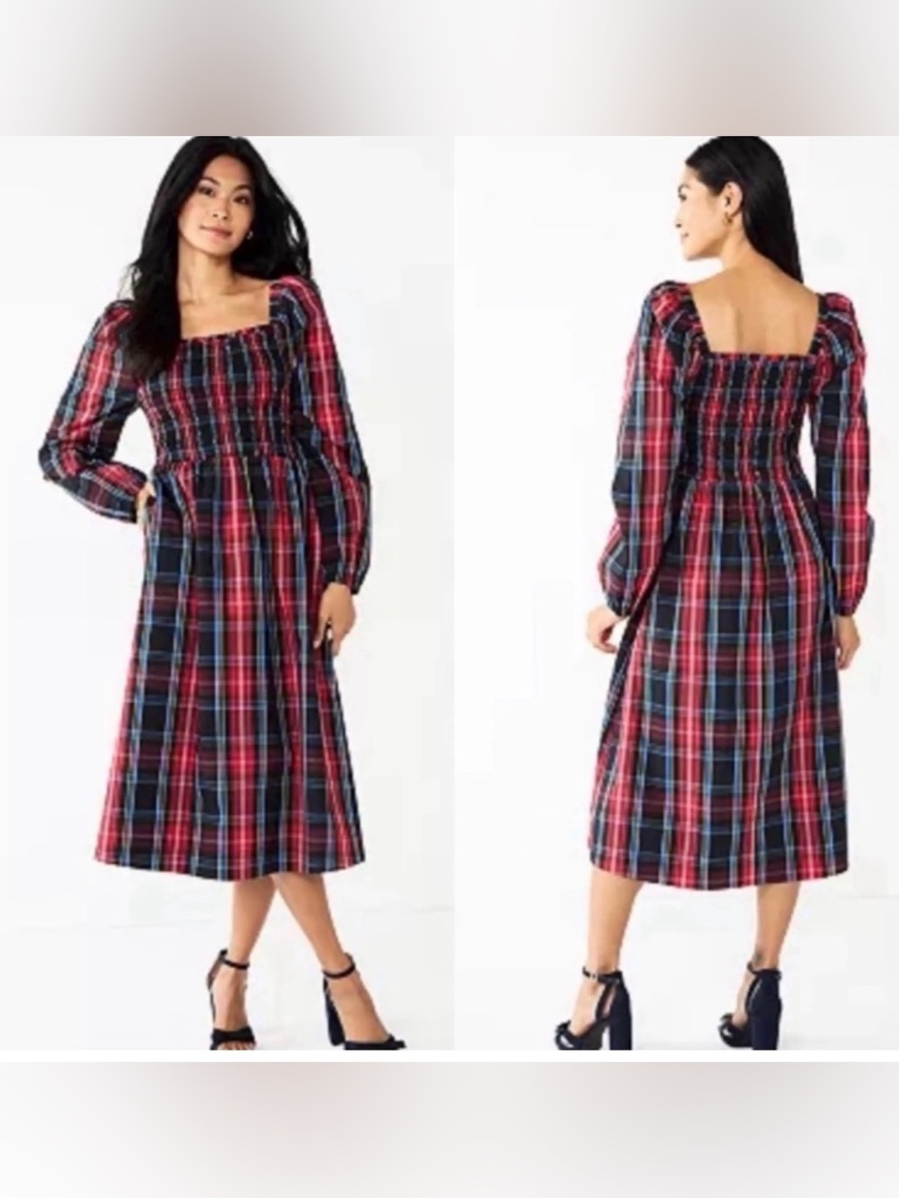 Draper James Red Plaid Smocked Square-Neck Midi Dress Size Small